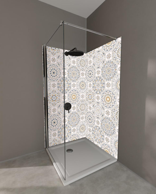Duschrückwand - Beige Mosaikfliesen Muster mit geometrischen Formen