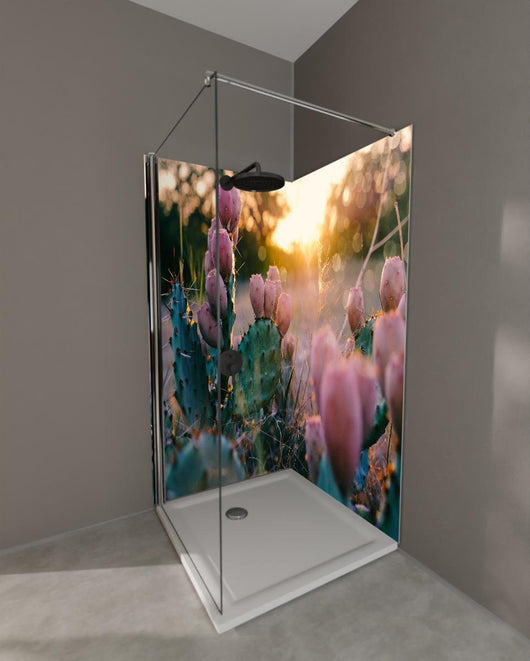 Duschrückwand - Blühender Kaktus bei Sonnenuntergang