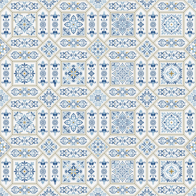 Duschrückwand - Dekoratives Blau-Weißes Vintage Fliesenmuster