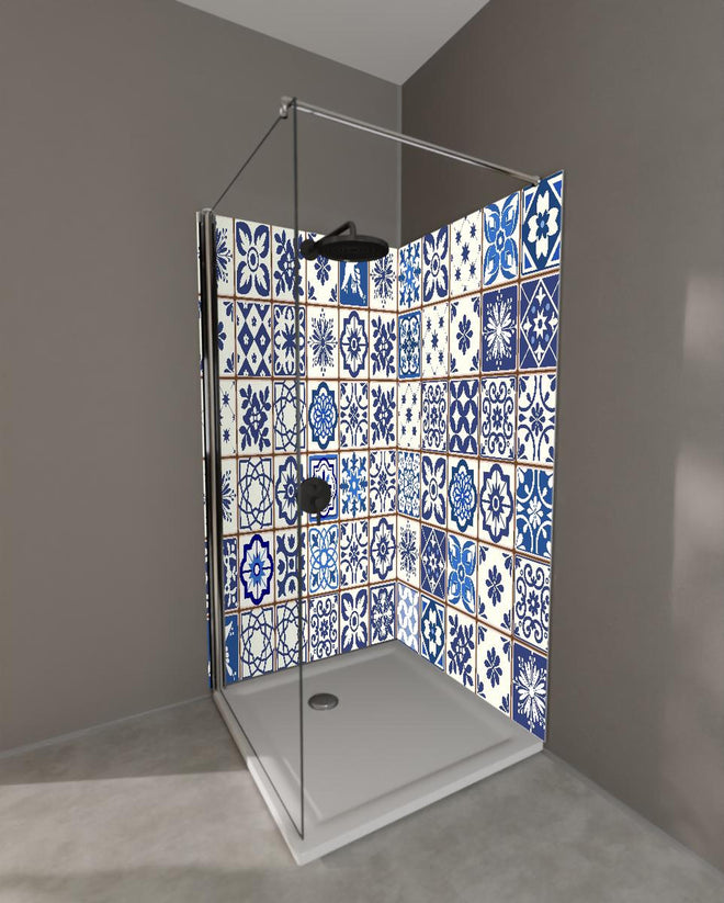 Duschrückwand - Diverse Blau-Weiße Kachelmuster Designs