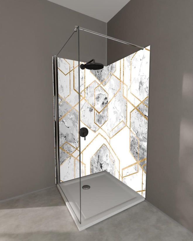 Duschrückwand - Edle Marmoroptik in Weiß und Gold