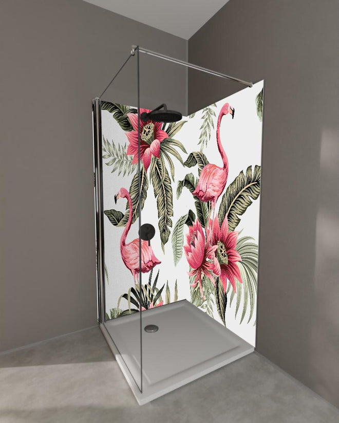 Duschrückwand - Exotischer Flamingo und Blumen Musterdruck