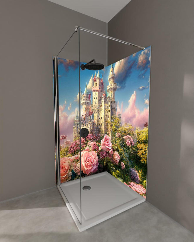 Duschrückwand - Fantasy Garten Schloss mit vielen Blumen