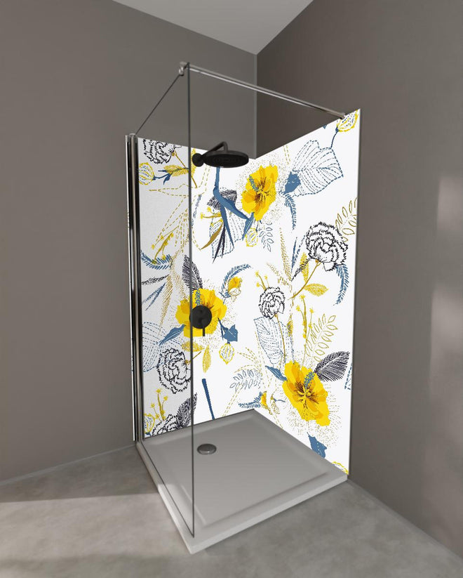 Duschrückwand - Florales Muster Gelb Weiß Illustration