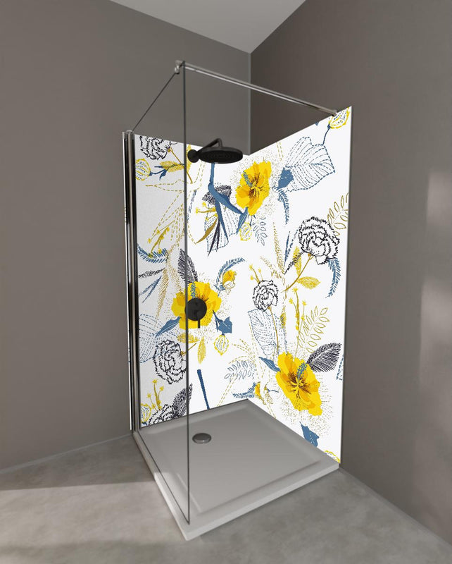 Duschrückwand - Florales Muster Gelb Weiß Illustration