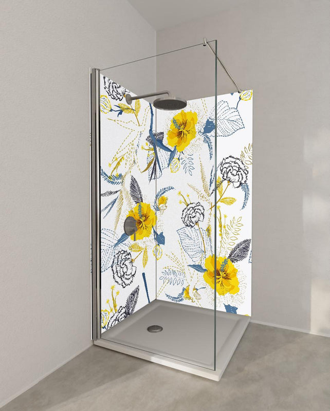 Duschrückwand - Florales Muster Gelb Weiß Illustration