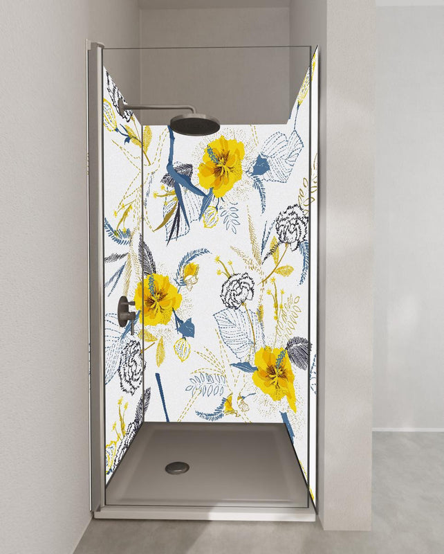 Duschrückwand - Florales Muster Gelb Weiß Illustration