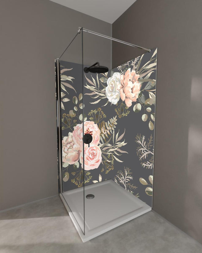 Duschrückwand - Florales Muster Rosa Blüten auf Dunkelgrau