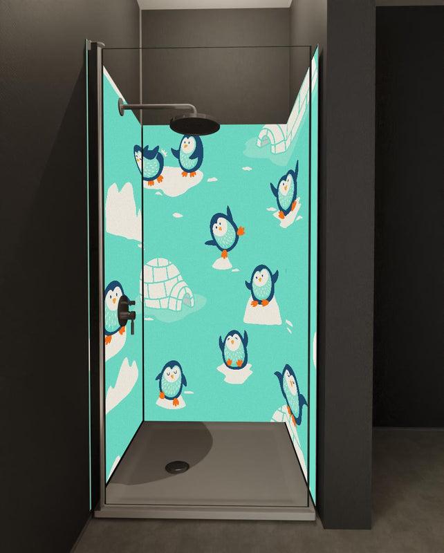 Duschrückwand - Fröhliches Pinguin-Muster auf Türkis
