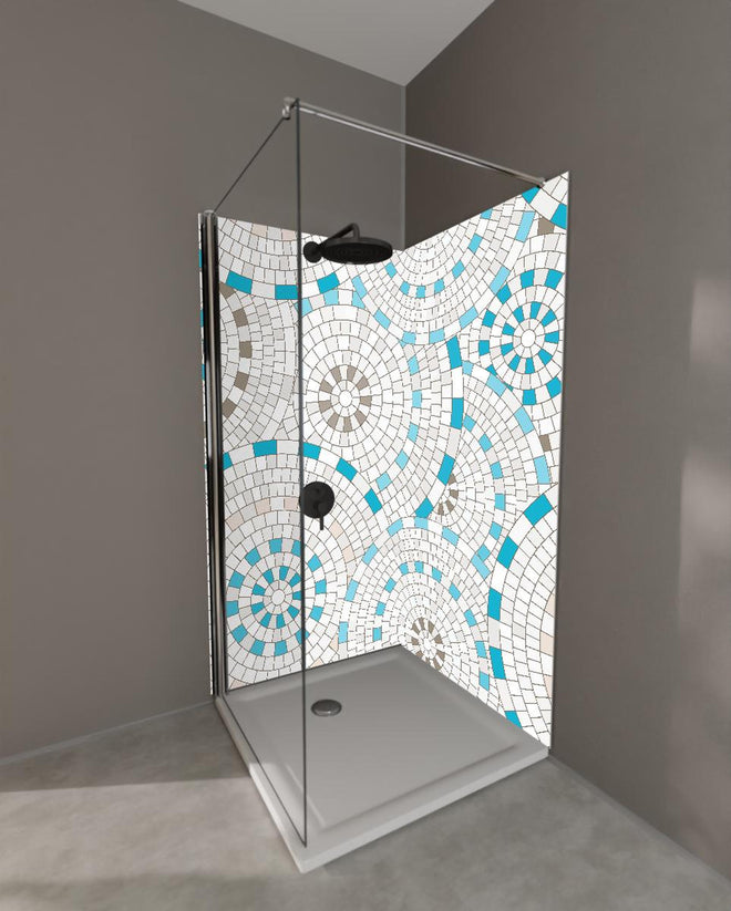Duschrückwand - Geometrisches Weiß-Blau Mosaik Fliesenmuster