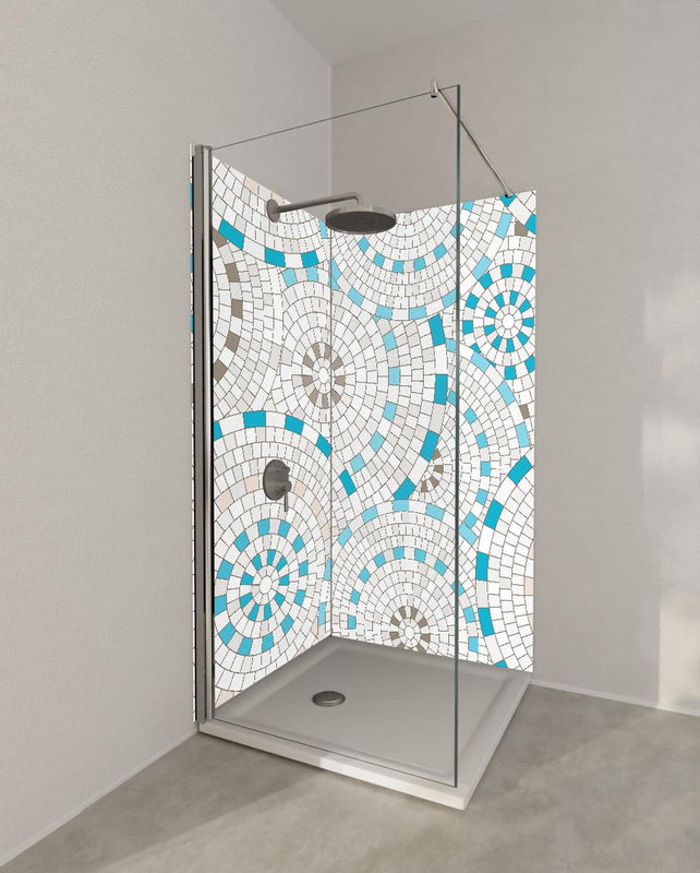 Duschrückwand - Geometrisches Weiß-Blau Mosaik Fliesenmuster