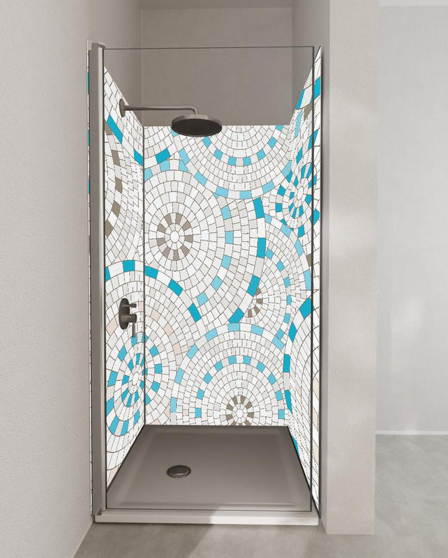 Duschrückwand - Geometrisches Weiß-Blau Mosaik Fliesenmuster