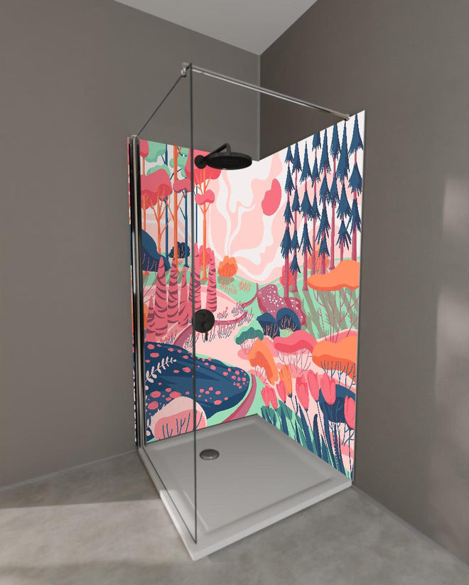 Duschrückwand - Illustrative Waldszene in Pastellfarbtönen