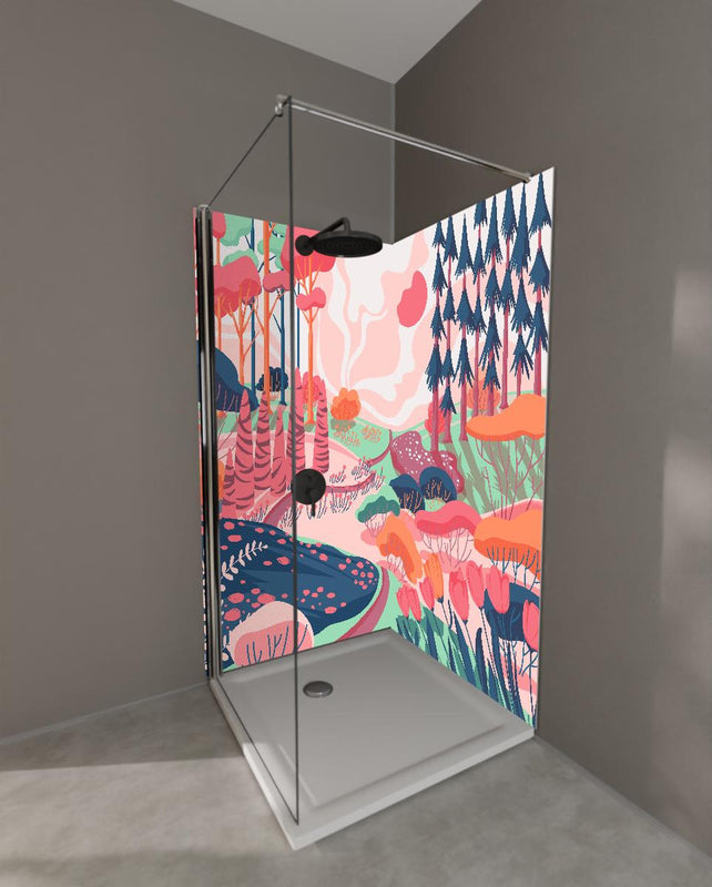 Duschrückwand - Illustrative Waldszene in Pastellfarbtönen