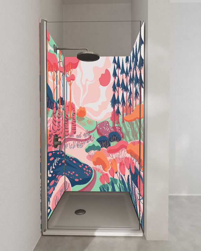 Duschrückwand - Illustrative Waldszene in Pastellfarbtönen