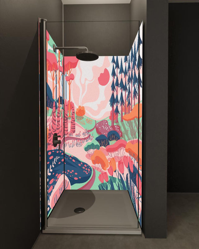 Duschrückwand - Illustrative Waldszene in Pastellfarbtönen