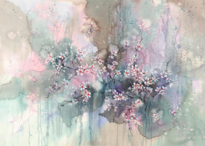 Duschrückwand - Japanische Kirchblüten mit Aquarell Muster