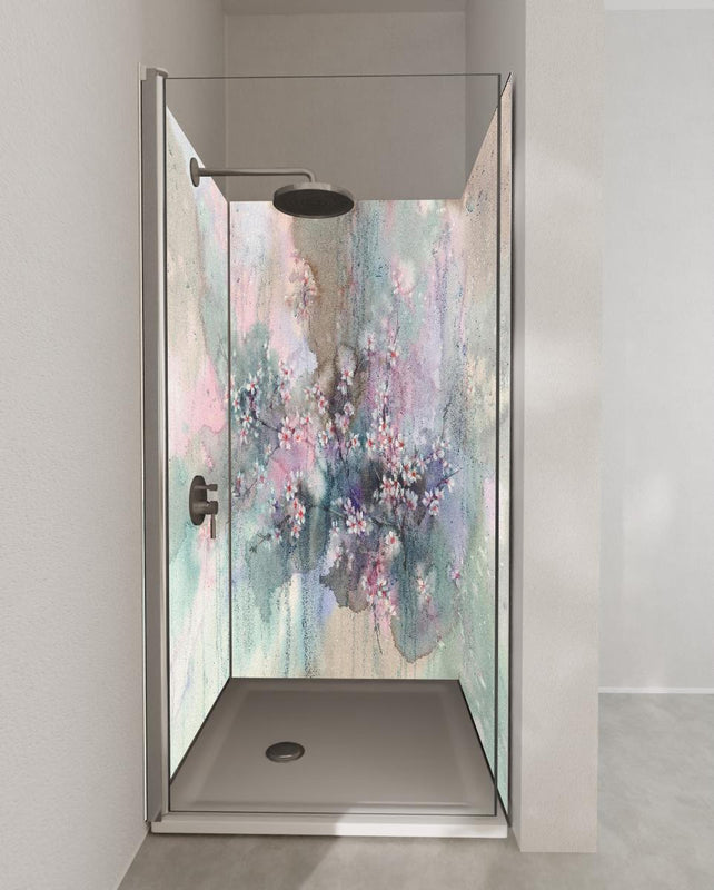 Duschrückwand - Japanische Kirchblüten mit Aquarell Muster