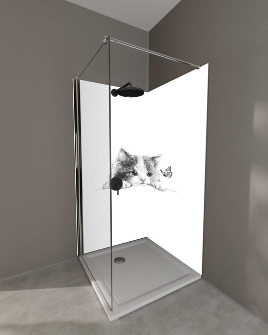 Duschrückwand - Kindermotiv einer Katze - schwarz-weiß