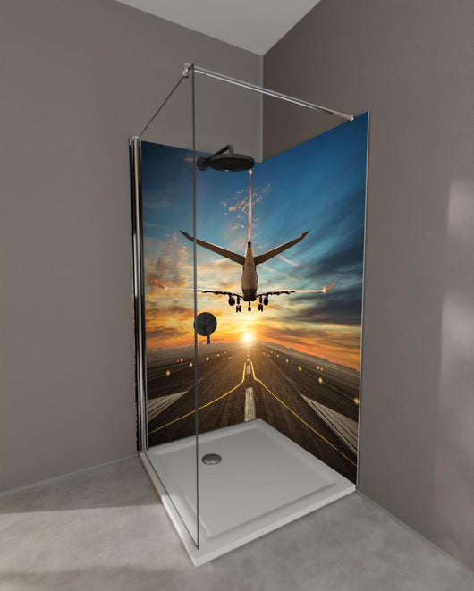 Duschrückwand - Landung bei wunderschönem Sonnenuntergang