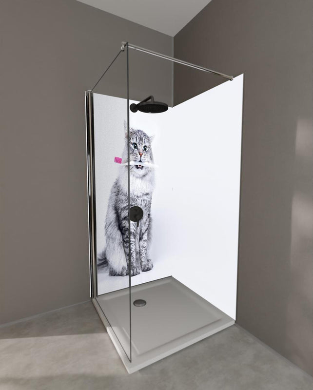 Duschrückwand - Lustige Katze mit Zahnbürste