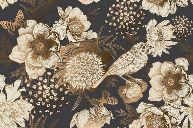 Duschrückwand - Luxuriöses Goldbraun Pfau & Blumen Muster