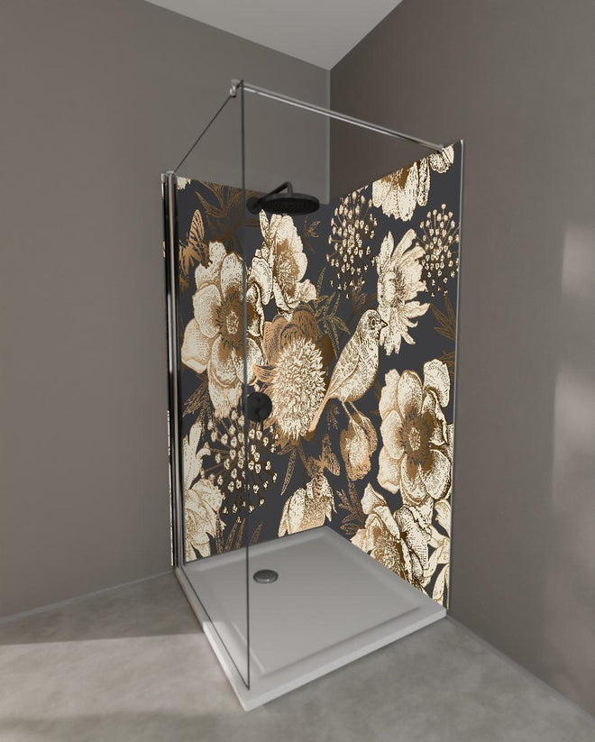 Duschrückwand - Luxuriöses Goldbraun Pfau & Blumen Muster