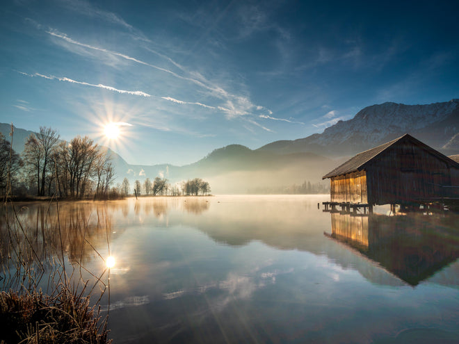 Duschrückwand - Morgensonnenblick über Bayerischen Kochelsee