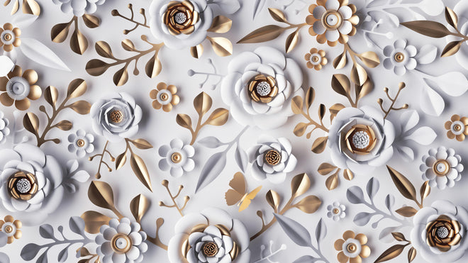 Duschrückwand - Papierblumen Hintergrund in Weiß und Gold