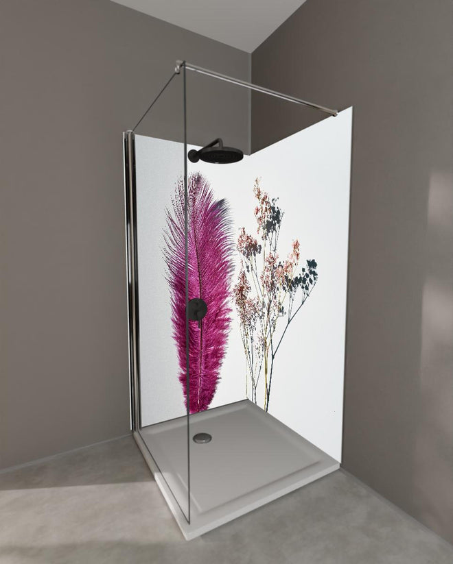 Duschrückwand - Rosa Feder und Trockenblumen