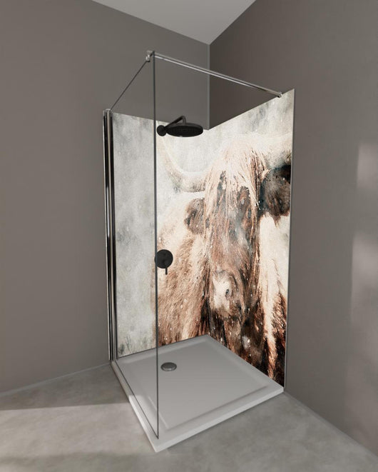 Duschrückwand - Schottisches Hochlandrind bei Schnee