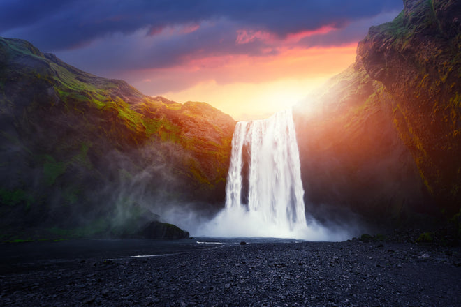 Duschrückwand - Skogafoss Wasserfall bei Sonnenuntergang