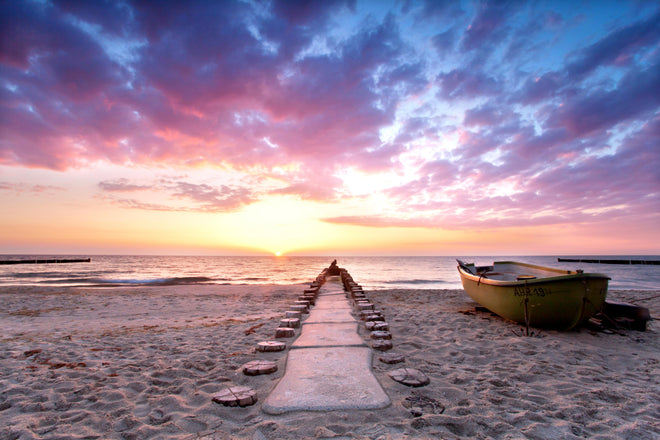 Duschrückwand - Steg ins Meer bei Abendsonne