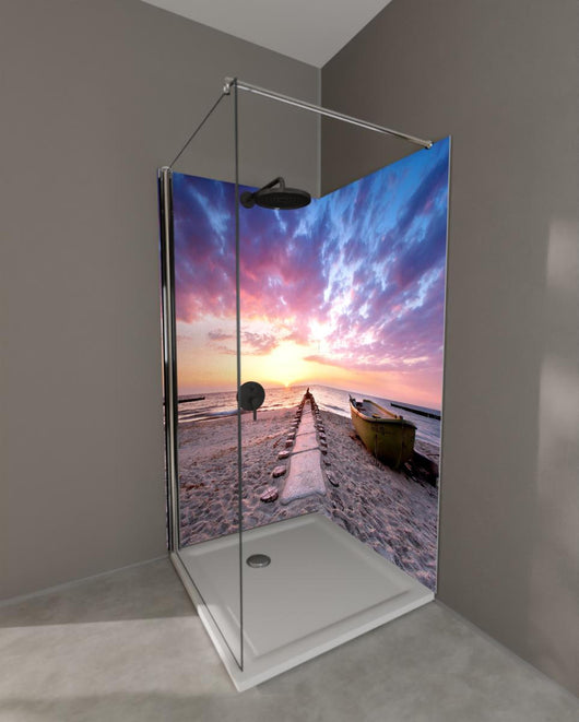 Duschrückwand - Steg ins Meer bei Abendsonne