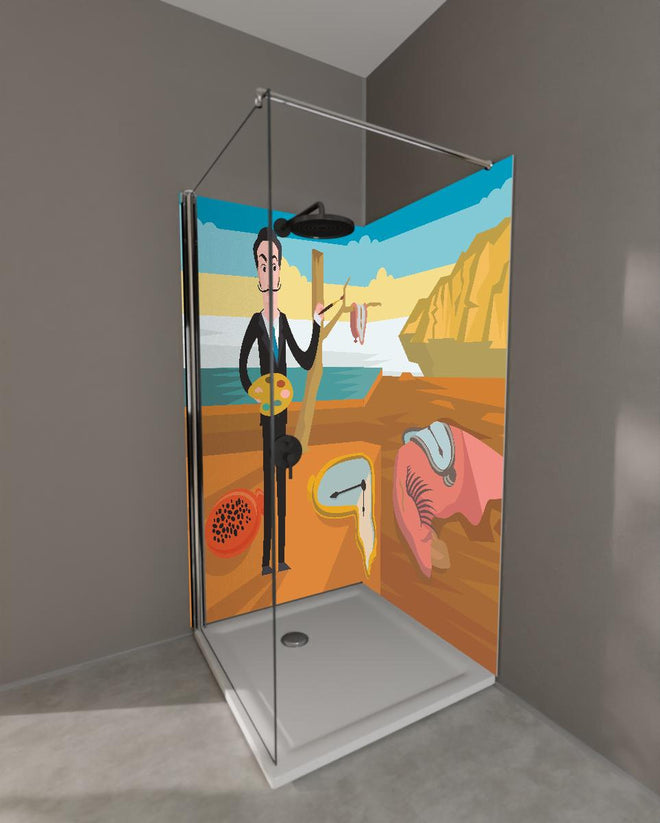Duschrückwand - Surreales Gemälde Meeresküste mit Uhren