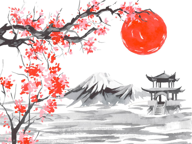 Duschrückwand - Traditionelle Japanische Landschaft Aquarell