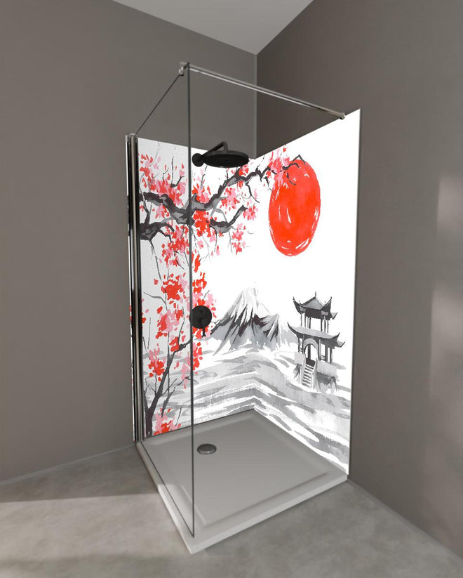 Duschrückwand - Traditionelle Japanische Landschaft Aquarell
