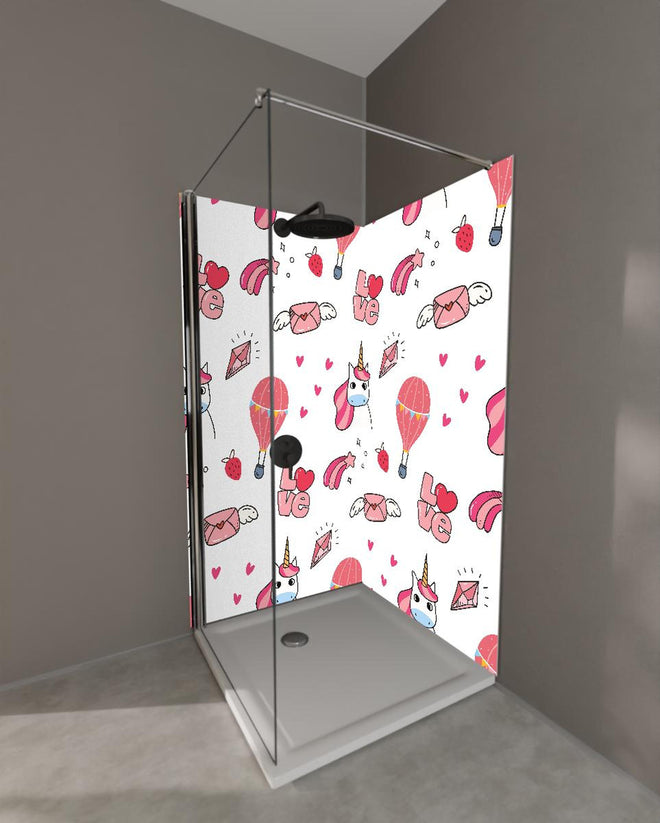 Duschrückwand - Verspieltes Einhorn und Herz Musterdesign
