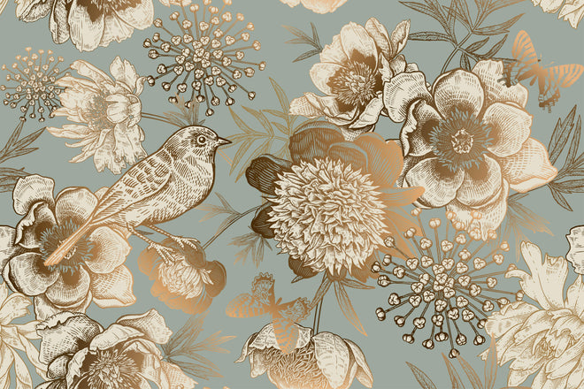Duschrückwand - Vintage Peonien Vogelmotiv Beige Braun