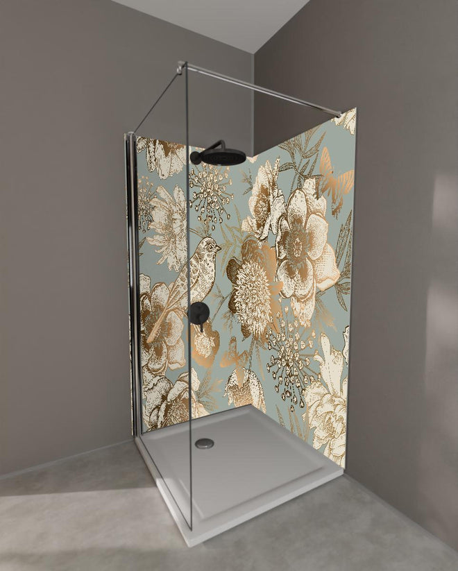 Duschrückwand - Vintage Peonien Vogelmotiv Beige Braun