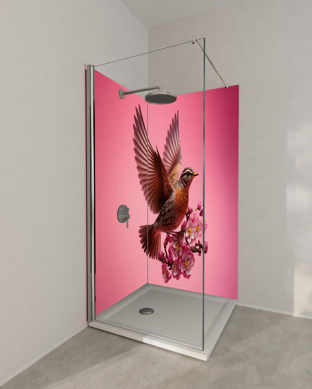 Duschrückwand - Vogel mit rosa Sakura Blütenzweig