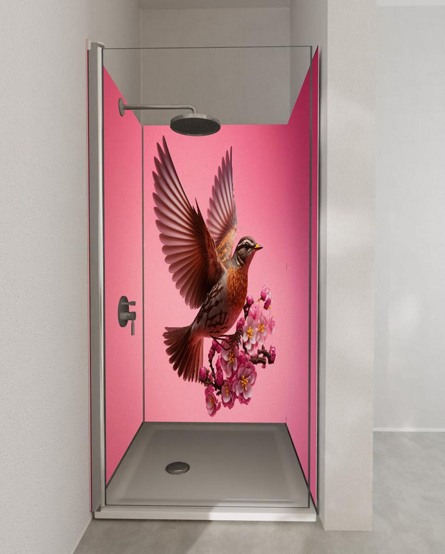 Duschrückwand - Vogel mit rosa Sakura Blütenzweig