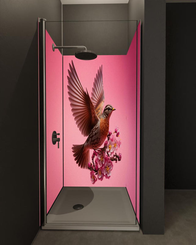 Duschrückwand - Vogel mit rosa Sakura Blütenzweig
