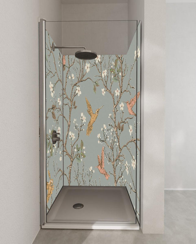 Duschrückwand - Vogelmotiv Blumenzweige auf Grau