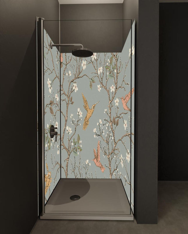 Duschrückwand - Vogelmotiv Blumenzweige auf Grau
