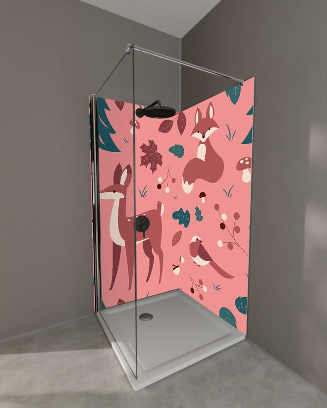 Duschrückwand - Waldtiere Muster auf Rosa Illustration