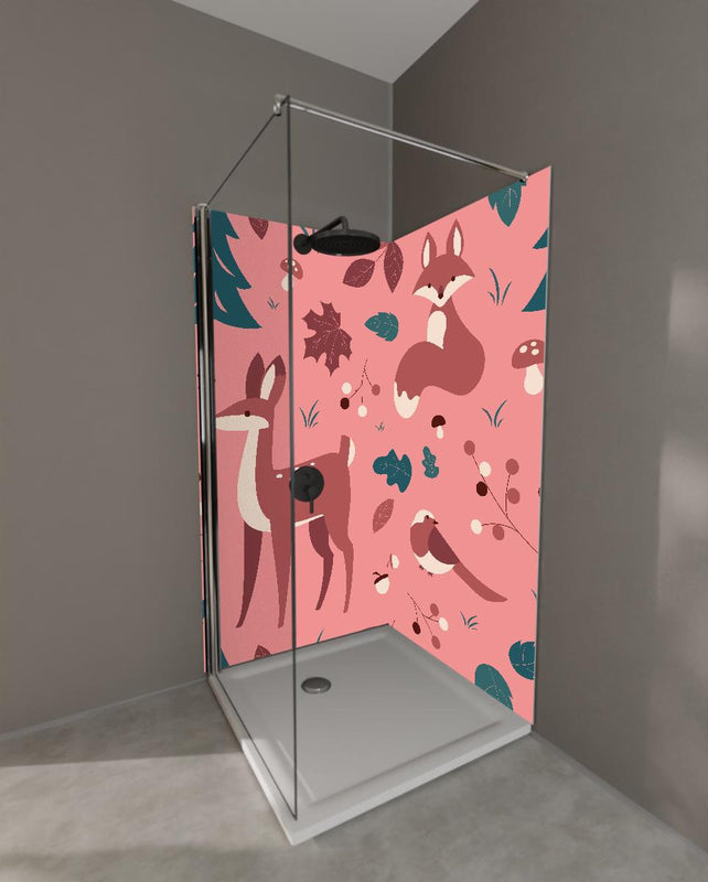 Duschrückwand - Waldtiere Muster auf Rosa Illustration
