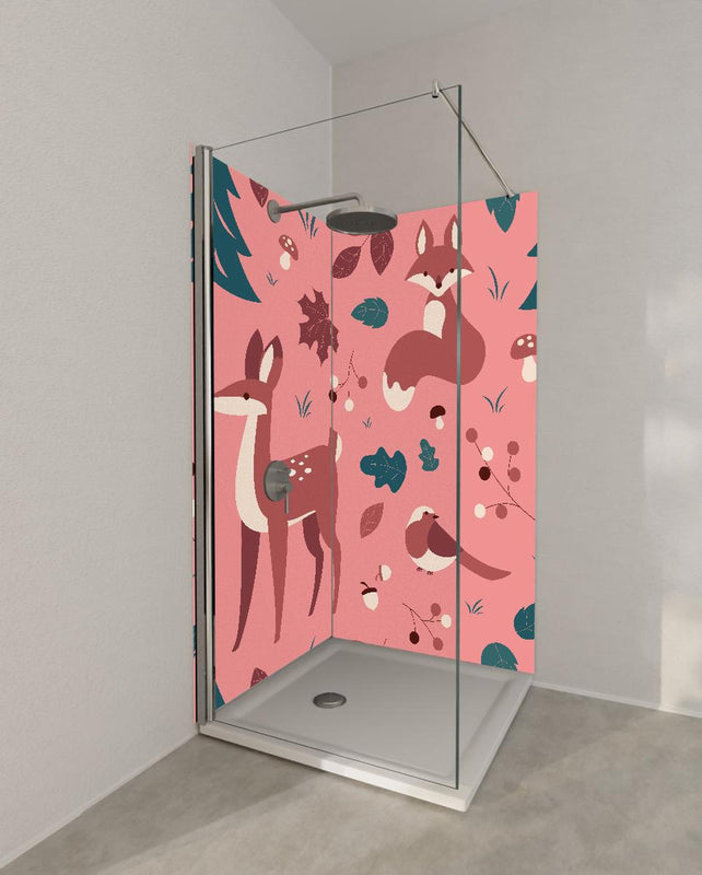 Duschrückwand - Waldtiere Muster auf Rosa Illustration