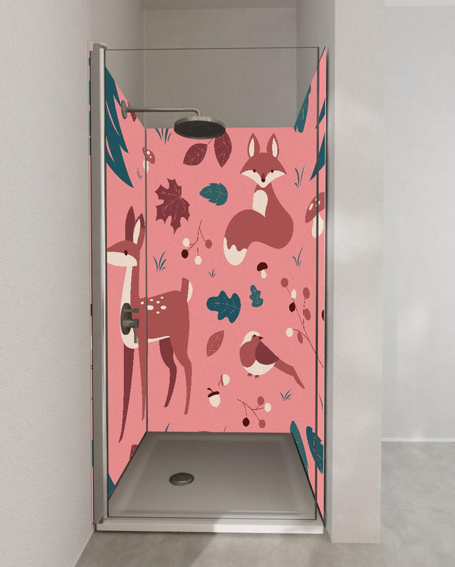 Duschrückwand - Waldtiere Muster auf Rosa Illustration