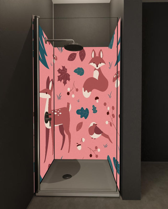 Duschrückwand - Waldtiere Muster auf Rosa Illustration